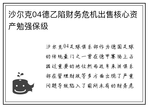 沙尔克04德乙陷财务危机出售核心资产勉强保级