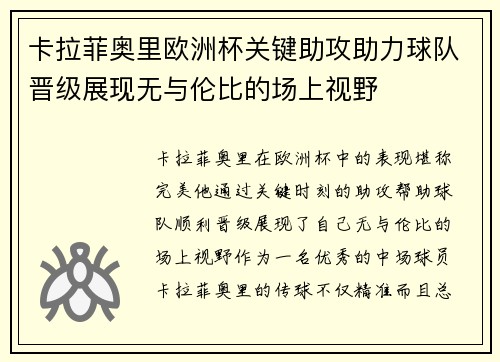 卡拉菲奥里欧洲杯关键助攻助力球队晋级展现无与伦比的场上视野