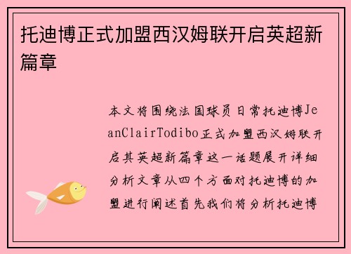 托迪博正式加盟西汉姆联开启英超新篇章