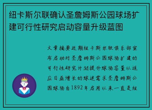 纽卡斯尔联确认圣詹姆斯公园球场扩建可行性研究启动容量升级蓝图
